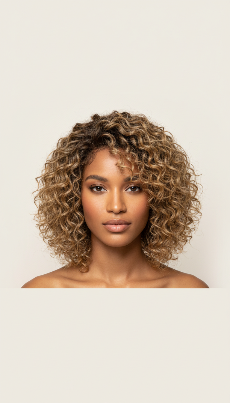 Curly bob wig, golden blonde highlights